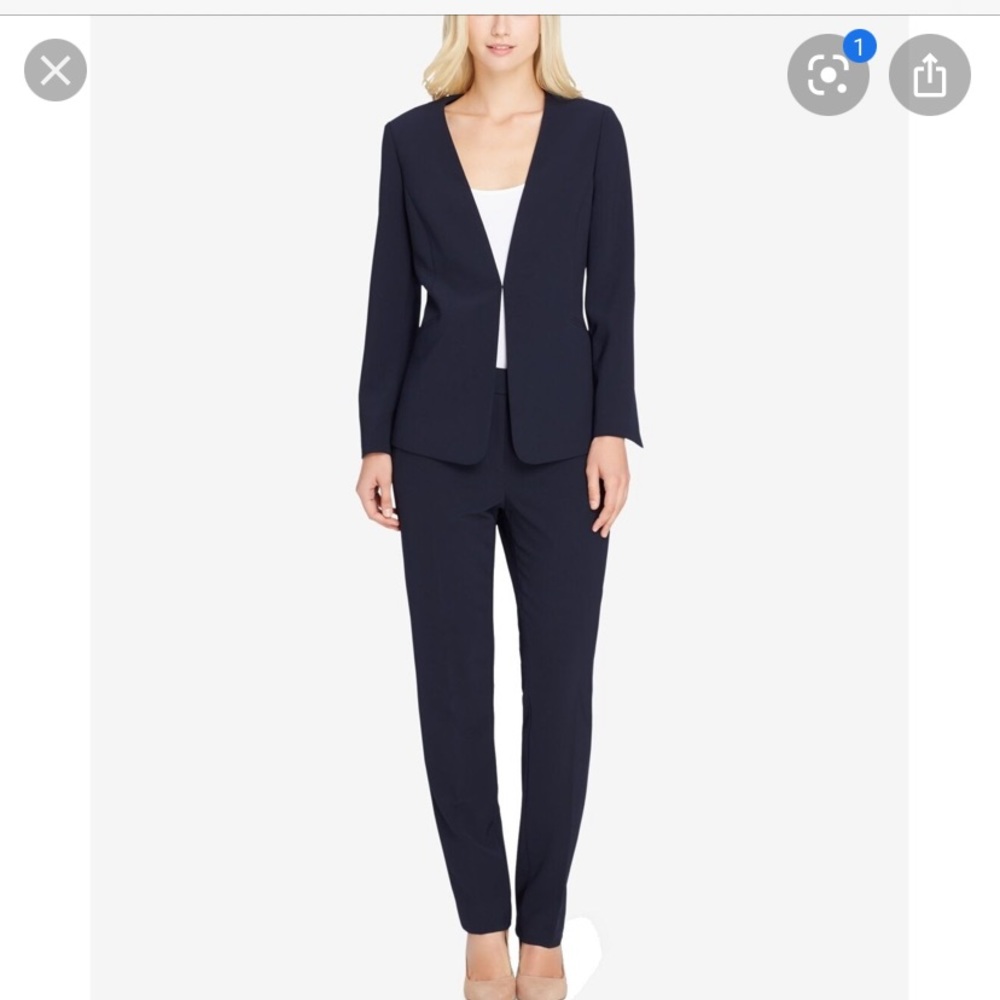 Tahari ASL Navy Blue collarless pantsuit